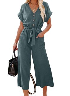 PRICES MAY VARY. Feature:Short sleeve, V neck, Solid color, High waist, Button Down, Pocketed, Long Pants Jumpsuits Romper with Belt. Casual jumpsuit is made of good fabric, comfortable, soft, breathable, lightweight, loose design make it full of vitality. The wide legs make this women romper easy to wear, plus the material is soft and breathable so you will be cool and comfy all season. Match: you can pair the solid color one piece outfit with shoes, sandals or heels as you like. Occasion: Jump Wide Leg Jumpsuits, Jumpsuit Casual, Solid Color Jumpsuits, Cropped Pants Women, Casual Jumpsuit, Light Blue Color, Wide Leg Jumpsuit, Relaxed Style, Long Pants