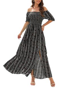 Black Vertical Striped Print Split Off Shoulder Maxi Dress High Split Dress, A Line Long Dress, Floral Print Dress Summer, Lightweight Skirt, Off Shoulder Maxi Dress, Flowing Dresses, Ethnic Dress, Business Dresses, Print Dresses