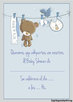 a baby shower card with a teddy bear hanging from a clothes line