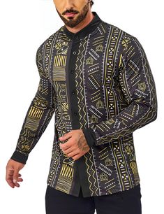 PRICES MAY VARY. OYOZONE African dashiki long sleeve is luxurious in not only look but feel,without wrinkling.Because of the stretchable fabric construction,It ensures more flexibility when moving. Our black and gold shirts for men are printed with boho and African Mexican Ethnic Tribal Hippie style patterns,which are classic but trendy,and designed with vibrant colors and assorted elements,This fashion shirt with button closure, henley shirt collar,large prints, bold and avant-garde design,will Xhosa Shirts For Men, African Print Mens Shirt Ankara Styles, African Print Shirts For Men, African Button Down Shirt Men, African Shirts Designs, Dashiki Print Shirt, African Print Shirts For Men Long Sleeve, Men’s African Shirts, African Dashiki Shirt