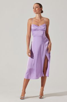 Enola Satin Smocked Midi Dress – ASTR the Label Wedding Guest Dress Lavender, Lavender Outfit, Purple Formal Dress, Door Games, Midi Bridesmaid Dress, Character Fashion, Dress Amazon, Lavender Dress, Dress Code Wedding