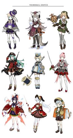 an image of some anime characters in different outfits and hats, all with long hair