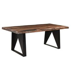 a wooden table with black metal legs and a wood slab on the top, against a white background