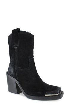 A pronounced square toe and chunky block heel add to the bold style of this Western boot done in supple suede. 3 1/2" heel; 1" platform 6 1/2" shaft Pull-on style Leather upper, lining and sole Made in Italy Suede Boots With Reinforced Heel And Square Toe, Suede Square Toe Boots With Reinforced Heel, Western Style High Heel Leather Platform Boots, Suede Boots With Stacked Heel And Square Toe, Suede Pointed Toe Platform Boots, Suede Platform Boots With Pointed Toe, Suede Platform Boots With Reinforced High Heel, Suede Heeled Boots With Square Toe, Square Toe Suede Heeled Boots