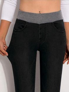 Product Title :Casual Elastic Waist Stretch Jeans Product Measurements cm Size US Waist Bust Hip S 6-8 70-74 88-92 96-100 M 10 75-78 93-96 101-104 L 12 79-84 97-102 105-110 XL 14 85-90 103-108 111-116 XXL 16 91-96 109-114 117-122 Product Details Pants Length:Long Edition type:Tight Elasticity:Micro-Elasticity Waistlines:Mid Waist Pants type:Legging Silhouette:H-Line Thickness:Regular Size Type:Regular Size Activity:Daily Material:Cotton-Blend Pattern:Plain Style:Casual Theme:All Season Color:Bla Non-stretch Black Jeans, Casual Stretch Gray Bottoms, Casual Stretch Black Bottoms, Black Stretch Casual Bottoms, Casual Stretch Bottoms For Winter, Winter Casual Stretch Bottoms, Black Stretch Jeans With Pockets, Mid-rise Casual Winter Bottoms, Casual Black Full-length Bottoms