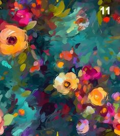 an abstract painting of flowers and leaves