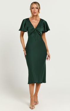 Amartina Midi Dress - V Neck Twist Bodice Flutter Sleeve Dress in Forest Green | Showpo USA Green Wedding Guest Dresses, V Neck Slip Dress, Slip Dress Midi, Cocktails With Friends, Forest Green Dress, Green Dress Outfit, Forest Green Dresses, Formal Dresses With Sleeves, Outfit Wedding Guest