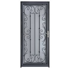 an iron door with decorative designs on the front and side panels, which are painted black