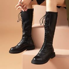 This model matches many kinds of clothing. The cross-tied lace loops around the bootleg, making it chic& attractive. Wear it to match outfits whatever you like. Black Long Boots, Long Boots For Women, Leather Long Boots, Long Leather Boots, Match Outfits, Goth Boots, Short Sleeve Maxi Dresses, How To Stretch Boots, Boot Types