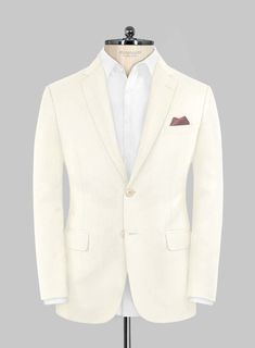 Make a simple yet sophisticated statement with our Napolean Ivory Wool suit. Crafted from wool blend, a perfect statement piece for any man who wants to look masculine and ideal at the same time. Combine it with a matching waistcoat, a crisp white shirt, patterned brown tie and dark brown dress shoes to complete the look.  Look Includes   Napolean Ivory Wool Fabric  Two Button Jacket Style  Notch Lapel  Corozo Beige Buttons  Single Vent  Three Cuff Buttons  Two Welted Back Pockets on Trousers    Click 'Customize Now' to modify the look if needed.   Lining: Viscose, Dry Clean, Pants can be lightly washed. Luxury Beige Blazer For Semi-formal Events, Elegant Single Button Linen Sport Coat, White Suit With Concealed Placket For Office, White Classic Blazer With Concealed Placket, White Office Suit With Concealed Placket, Elegant Beige Single Breasted Sport Coat, White Business Blazer With Concealed Placket, Elegant Linen Suit With Lapel Collar, Elegant Linen Suits With Lapel Collar