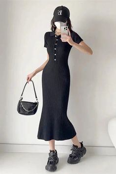 49239186342198|49239186440502 High Waist Maxi Dress, Lapel Design, Winter Activewear, Ribbed Maxi Dress, Gowns Of Elegance, Maxi Knit Dress, Costume Outfits, Slim Waist, Glasses Fashion