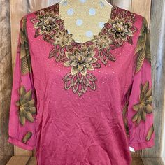 Questions? Leave A Comment Below! V-neck Tops With Resham Embroidery For Eid, Resham Embroidery V-neck Tops For Eid, Floral Print Top For Eid, Pink V-neck Dress With Resham Embroidery, Traditional Pink Floral Dress, Pink Long Sleeve Festive Tops, Pink Long Sleeve Tops For Festive Occasions, Festive Floral Embroidered V-neck Top, Pink V-neck Top With Floral Embroidery