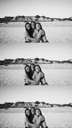 two women hugging each other on the beach in black and white photo collages