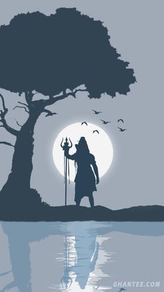 the silhouette of a man holding a staff standing in front of a tree