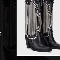 Nwt These Black Rhinestone, Jewel, Studs, And Fringe Detailing With Side, Zipper Closures Has For And Shaft Absolutely Gorgeous Black Cowgirl Boots, Dolls Kill Shoes, Boots Fit, Black Cowgirl, Rhinestone Fringe, Leather Boots Heels, Brown Suede Boots, Sugar Thrillz, Buckle Ankle Boots