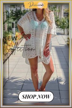 Handmade Boho Crochet Knitted Short White Beach Cover Ups Dress White V-neck Crochet Dress For Beach, White Bohemian Crochet Dress With Hollow Out Details, V-neck Crochet Lace Dress For Beach Cover-up, Vacation Crochet Lace Dress With Open Knit, Beachwear White Crochet Dress With Hollow-out Details, Beachwear White Crochet Dress With Hollow Out Design, White Hollow Out Crochet Dress For Beach, Vacation Lace Crochet Dress For Beach Season, Lace Crochet Dress For Beach Vacation