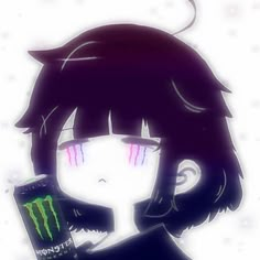 an anime character holding a cell phone with monster energy on it's face and eyes