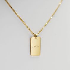 "Name Tag Necklace DETAILS * Handmade & Made to Order * Materials: 18K Gold Vermeil & 925 Sterling Silver * Style: Name Tag Necklace DESCRIPTION * Material: High Quality Solid 925 Sterling Silver * Finish: 18K Gold Vermeil * Dimensions: 12mm x 20mm * Chain length: 16\", 18\" or 20\" HOW TO ORDER * Select your finish in the drop-down menu and \"ADD TO CART\". PACKAGING DETAILS * All items are nicely packaged ready to gift in a jewelry box. PRODUCTION TIME * Ready to ship in 1 - 2 business Elegant Dog Tag Necklace For Personalized Gift, Nameplate Box Chain Jewelry For Gifts, Gift Jewelry With Nameplate Box Chain, Gift Box Chain Necklace With Rectangular Pendant, Dog Tag Necklace With Adjustable Chain For Gifts, Anniversary Rectangular Necklace With Adjustable Chain, Rectangular Pendant Box Chain Necklace As Gift, Rectangular Pendant Box Chain Necklace For Gifts, Rectangular Pendant Box Chain Jewelry Gift