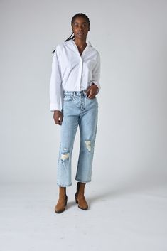 Feel nostalgic in these 90's style distressed denim pants. Keep your look casual with a loose fitting tee and sneakers, or style them up with a blouse and heels. Loose Fit Distressed Fabric Belt Loops Hits above the Ankle *These pants run a little small. We recommend you order a size up. Loose Fit Denim, Distressed Fabric, Indigo Colour, Pleated Blouse, Fabric Belt, Look Casual, Fashion Help, Silk Top, Personal Stylist