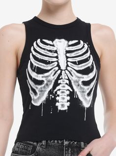 You'll fall in love with this tank  bones and all! This muscle tank top features a spray paint-inspired rib cage design with drippy detailing.95% cotton; 5% spandexWash cold; dry lowLength: 18''ImportedListed in junior sizesModel is 5'10''Model wears size Small Social Collision, Apocalypse Au, Bones And All, Alt Clothes, 2024 Wishlist, Punk Clothing, Scene Outfits, Future Wardrobe, Muscle Tank Top