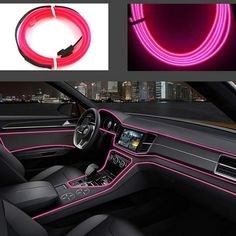 the interior of a car with pink neon lights and steering wheel cover in front of it