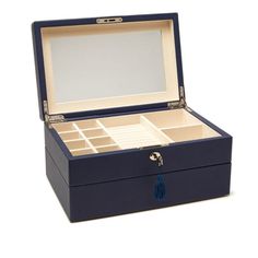 an open blue box with two compartments and a tassel