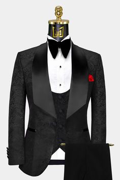 Black Tailored Three-piece Tuxedo Suit, Tailored Black Three-piece Tuxedo Suit, Black Tuxedo Three-piece Suit, Black Three-piece Tuxedo For Black Tie Events, Black Fitted Tuxedo For Formal Occasions, Black Tailored Three-piece Suit For Black Tie Events, Black Tuxedo Blazer For Black Tie Event, Black Tuxedo Blazer For Black Tie Occasions, Black Tailored Tuxedo With Suit Collar