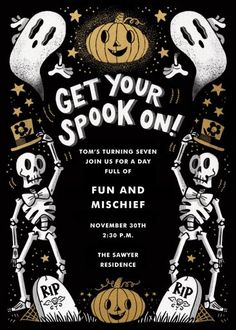 halloween party flyer with skeletons and pumpkins