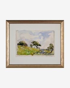 a watercolor painting of trees on a hill