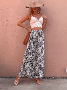 Black Wide Leg Floral Pants, High Waist Wide Leg Pants, Leg Belt, Belted Pants, Floral Pants, Daily Dress, High Waisted Trousers, Printed Pants, Comfortable Fashion