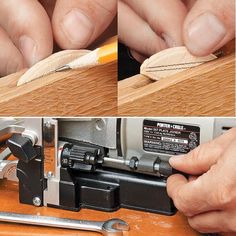 two pictures showing how to use a planer with woodworking tools on the table