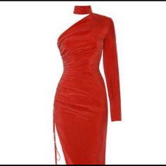 New Without Tags ! In Perfect Condition No Signs Of Wear Of Flaws! Red Silk Evening Dress For Party, Elegant Draped Red Carpet Dress, Elegant Draped Red Evening Dress, Elegant Red Draped Evening Dress, Red Asymmetrical Formal Dress, Red Draped Evening Dress For Formal Occasions, Elegant Red Mini Evening Dress, Formal Red Draped Evening Dress, Red Fitted Midi Evening Dress