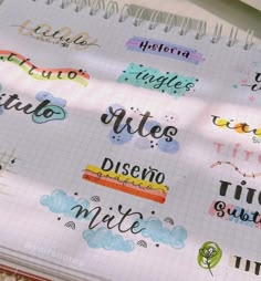 a notebook with some writing on it and various stickers around the pages that say different words