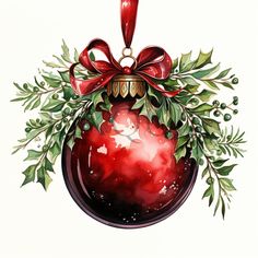 a christmas ornament with holly and red bauble hanging from it's side