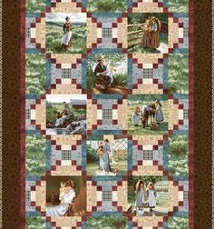 a quilt with pictures of people on it