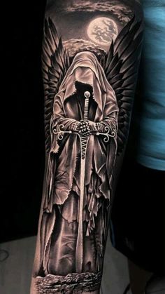 Grim Reaper Tattoo Forearm, Angel And Demon Tattoo Sleeve, Angel And Demon Tattoo Men, Reaper Arm Tattoo, Grim Reaper Forearm Tattoo, Guardian Angel Tattoo For Men Forearm, Grim Reaper Tattoo Sleeve, Guardian Angel Tattoo Designs For Men, Angel Forearm Tattoo Men