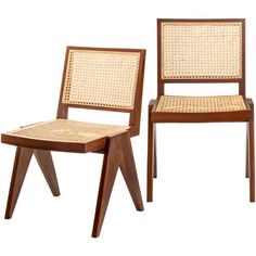 two wooden chairs with woven seats on them