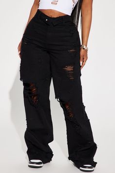 Available In White And Black. Straight Leg Jean Fold Over Waistband 5 Pocket Ripped Baggy Fit 34" Inseam Disclaimer: Due To The Specialized Wash & Distressing Process, Each Garment Is Unique. Non Stretch, 100% Cotton Imported | Summer Fling Destroyed Foldover Baggy Jean in Black size 5 by Fashion Nova Black Baggie Jeans, Baggy Pants Drawing, Black Baggy Jeans Outfit, Ripped Short Jeans, Baggy Ripped Jeans, Baggy Clothing, Black Baggy Jeans, Big Jeans, Pants Drawing