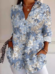 Buy Inexpensive Shirts at Zolucky online store, SPU: 294GSH8RB357, Color: Blue, Silhouette:H-Line, Thickness:Regular. Blue Floral Print Shirt For Fall, Blue Floral Print Long Sleeve Shirt, Blue Silhouette, Shirt Collar Pattern, Loose Shirt, Collar Pattern, Loose Shirts, Casual Spring, Flower Fashion