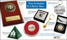 a brochure with an award, keychain and other items