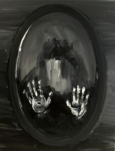 a black and white painting with two hands in the mirror, one being held up by someone's hand