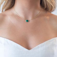 This is part of Chairish’s Fine Jewelry assortment.  If you are looking for a little bit of color to make you happy, this is your necklace. A perfect size emerald for every day that you won't want to take off. We like to layer ours with the sapphire crescent pendant of the oval link chain with diamond connector clasp.  14K Gold; .08 CT Diamonds; 2.35 Ct Emerald; 16 - 18 inches Everyday Fine Jewelry Green Necklaces, Green Fine Jewelry Necklace For Everyday, Everyday Fine Jewelry Green Necklace, Fine Emerald Necklaces With Bezel Setting, Green Necklace With Bezel Setting For May Birthstone, Green Pendant Necklace With Bezel Setting, Gift Emerald Necklace With Bezel Setting, Minimalist Green Gemstone Necklace, Everyday Elegant Emerald Necklace