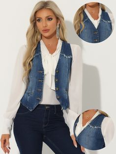 Shop Allegra K for Denim Vest Sleeveless Collarless Washed Distressed Jean Jacket you are looking for, get more women's Demin Jackets for yourelf. Order now! Free Returns! Sleeveless Dark Wash Denim Vest With Button Closure, Cotton V-neck Denim Vest For Summer, Fitted Casual Denim Vest With V-neck, Cheap V-neck Denim Vest For Summer, Denim Blue V-neck Denim Vest, Womens Tailored Suit, Demin Jacket, Distressed Jean Jacket, Edgy Look