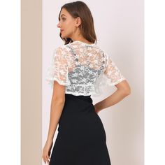 An elegant shrug with a flowy trim offers a charming look for day or night. It is designed with a cropped fit and a tie front design for a comfortable fit. This lace floral cardigan features a ruffle hem and cropped fit, perfectly covered up with sleeveless dresses for a wedding/evening look. Suitable for casual, work, date, wedding, evening parties, cocktails, night out, and daily wear. Modern and elegant, this cardigan style with softly lace fabric. A must-have item in your clothing wardrobe, Elegant Shrug, Cocktails Night, Shrug Top, Clothing Wardrobe, Cardigan Shrug, Cropped Shrug, Lace Shrug, Cocktail Night, Cardigan Style