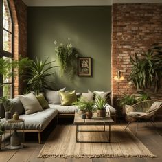 a living room filled with lots of plants next to a brick wall and flooring