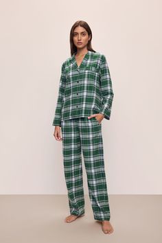 Plaid Pajama, Flannel Pajama Sets, Getaway Cabins, Straight Leg Pant, Coverup Beach, Silk Accessories, Plaid Pajamas, Flannel Pajamas, Notch Collar