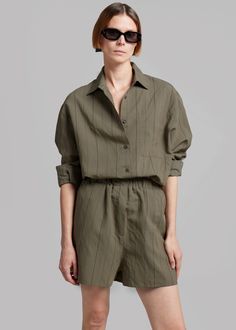 Lui Shirt - Khaki/Black Stripe – The Frankie Shop Khaki Shirt With Patch Pockets For Work, Collared Tops With Patch Pockets, Collared Tops With Patch Pockets For Daywear, Khaki Shirt With Placket For Work, Olive Button-up Shirt For Work, Khaki Shirt With Button Cuffs For Work, Olive Button-up Workwear Shirt, Khaki Workwear Blouse With Pockets, Olive Relaxed Fit Top For Work