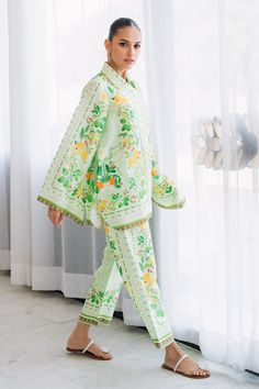 Gina (C) Pastel Green, Silk Shirt, Raw Silk, Bell Sleeves, Custom Sizing, Sleeve Length, Trousers, Silk, Pure Products