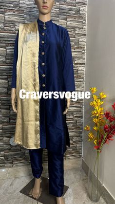 This stylish sherwani suit is made  of high quality silk fabric. Its a two piece dress. This is stitch in front open sherwani style kurta emblished with silver buttons having sequin work Custom to order. All sizes available Stitching  For stitched dresses you can chose from size chart or can message us for customization.our team will send you size chart for customization. Feel free to convo for any details to help you in your selection because customize dresses cannot be return or exchange. Note: color may slightly vary because of different screen resolutions. We have an expert customization team .if you have any problem regarding taking measurements please convo for our help. All the measurements are rechecked before dispatch. Formal Cotton Silk Salwar Kameez With Traditional Drape, Formal Fitted Churidar In Chanderi Fabric, Formal Fitted Churidar In Chanderi, Silk Anarkali Kurta For Formal Occasions, Formal Anarkali Silk Kurta, Bollywood Style Katan Silk Unstitched Suit With Straight Kurta, Formal Cotton Silk Salwar Kameez For Festivals, Bollywood Style Unstitched Cotton Silk Suit For Formal Occasions, Bollywood Style Cotton Silk Unstitched Suit For Formal Occasions