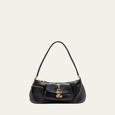 Chloe "The 99" shoulder bag in shiny-grained calfskin leather  Shoulder strap  Zip top closure  Exterior, two zip pockets and one flap pocket  Interior, one slip pocket  Lining: Cotton/linen Approx. 5.1"H x 14.1"W x 3.9"D Made in Italy Luxury Baguette Bag For Travel, Luxury Travel Baguette Bag, Luxury Textured Leather Shoulder Baguette Bag, Luxury Baguette Shoulder Bag For Everyday Use, Travel Baguette Bag With Gold-tone Hardware, Luxury Textured Leather Baguette Bag, Luxury Baguette Bag In Soft Leather For Travel, Luxury Baguette Bag With Zipper For Daily Use, Luxury Everyday Baguette Bag With Zipper Closure